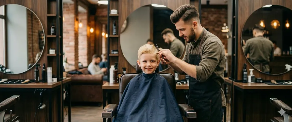 Barber stříhá malého chlapce v barbershopu