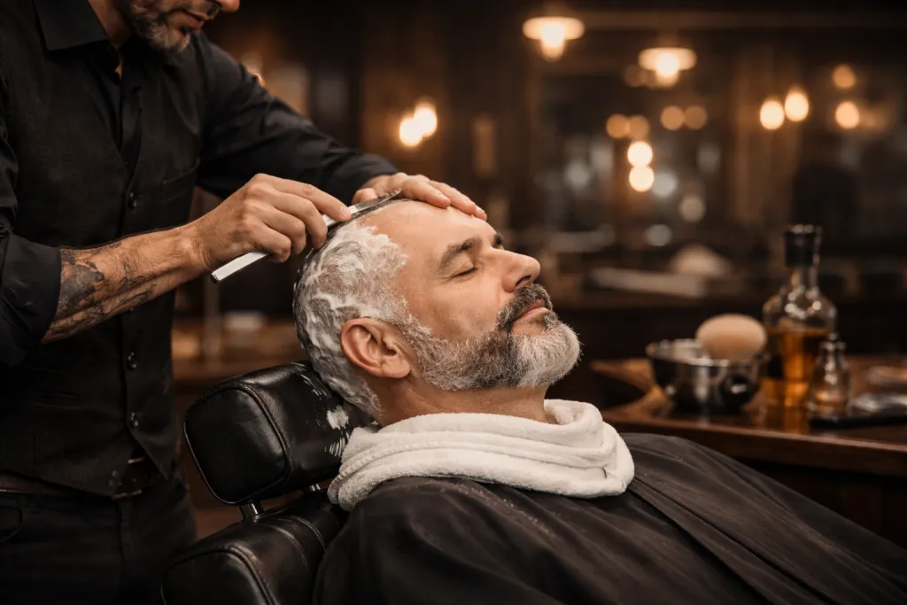 Barber holí hlavu klientovi břitvou