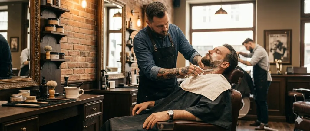 Barber holí klienta břitvou s horkým ručníkem přes obličej