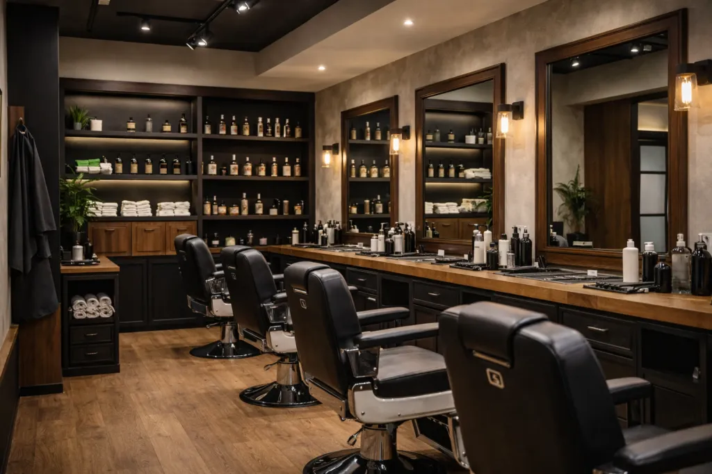 Interiér moderního barbershopu s křesly, zrcadly a pracovním prostorem pro střih vlasů.