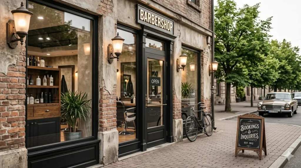 Interiér moderního barbershopu s křesly, zrcadly a pracovním prostorem pro střih vlasů.
